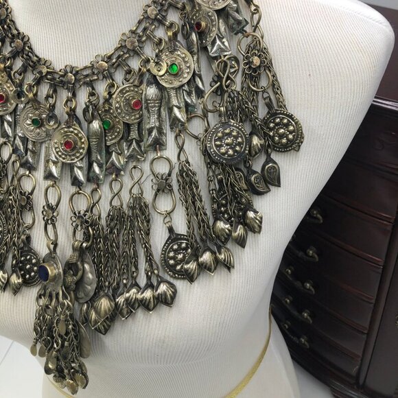 Silver Kuchi Dangling Tassels Oversized Necklace, Ethnic Handmade - Picture 4 of 5